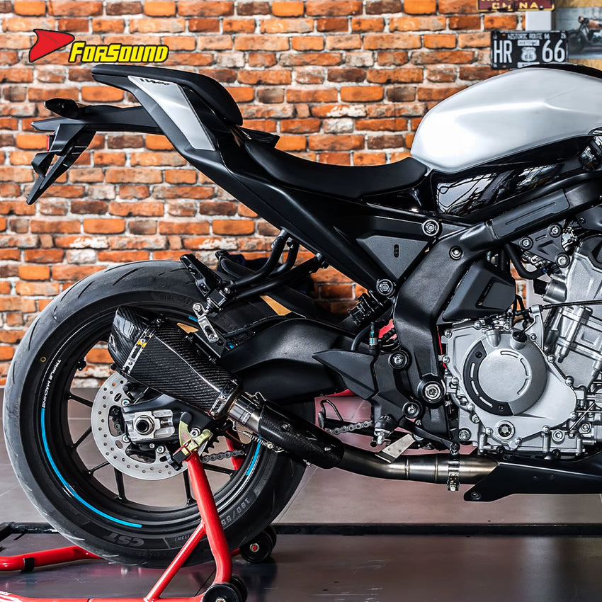 New FORSOUND 675SR Carbon Fiber Stainless Steel Double-Hole Full Exhaust System Deep Triple-Cylinder Sound Sportbike Racing Fit