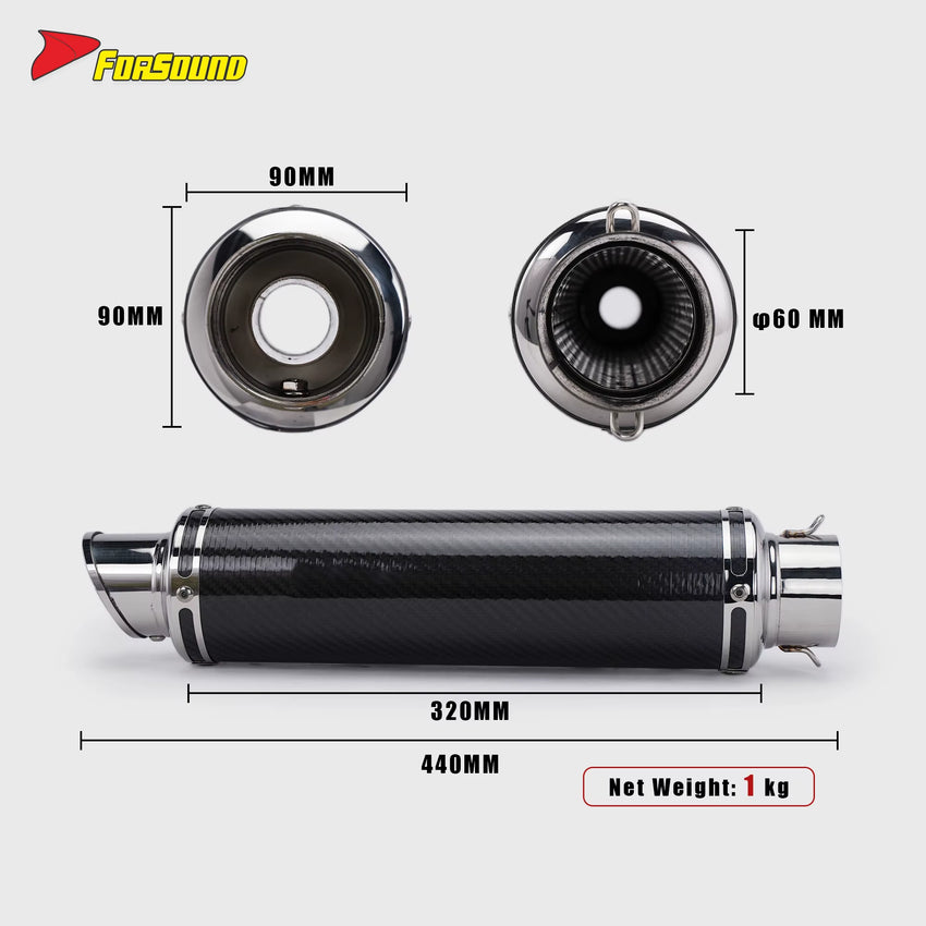 New Universal 60Mm Retro Mid Slash Cut Tip Glossy Carbon Fiber FORSOUND Exhaust Muffler Includes Muffler/Clamp Motorcycle