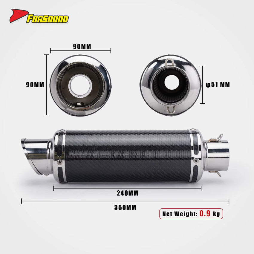 New FORSOUND Universal Retro over Exhaust Muffler 51Mm Glossy Carbon Fiber Black Mid Slash Cut Tip Slip-On Tail Pipe