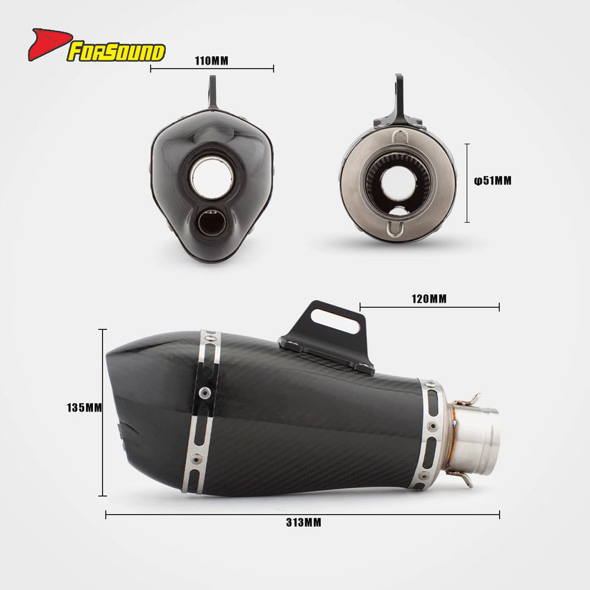 New FORSOUND 675SR Carbon Fiber Stainless Steel Double-Hole Full Exhaust System Deep Triple-Cylinder Sound Sportbike Racing Fit