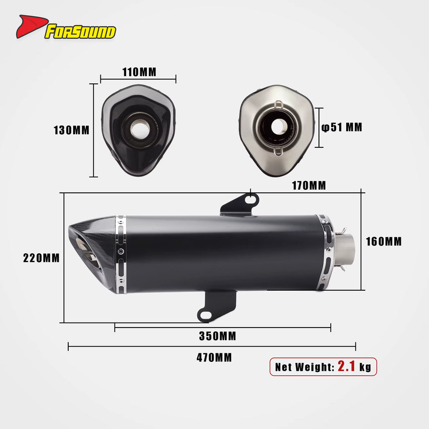 For Forza 350 Exhaust System-Large Hexagonal Straight Body Full System Stainless Steel Carbon Fiber Tip Replacement for Deep